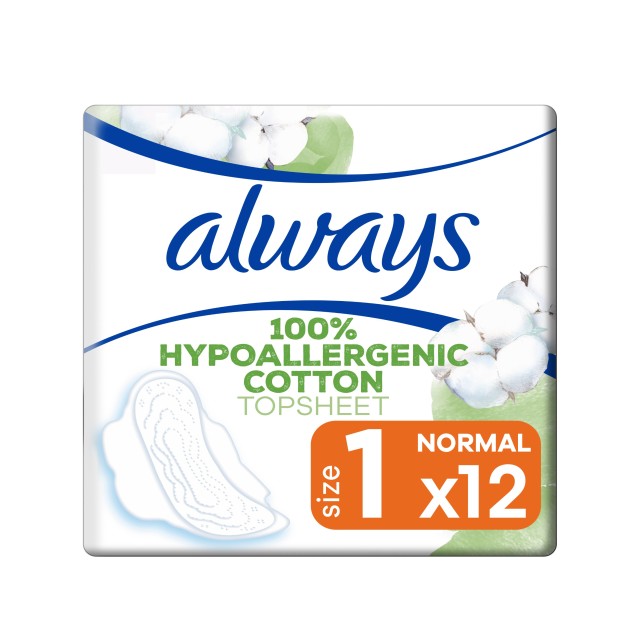 Always Cotton Protection Size 1 Normal 12τεμ (Σερβιέτες από 100% Βαμβάκι - Κανονικό Μέγεθος)