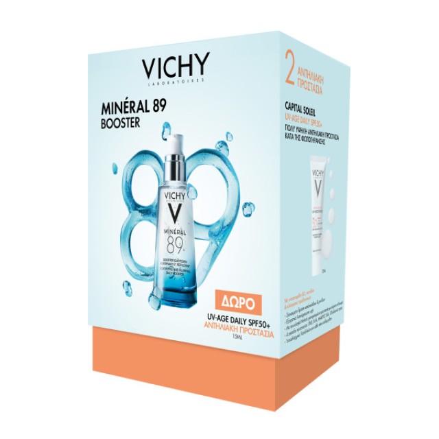 Vichy SET Mineral 89 Fortifying & Plumping Daily Booster 50ml & ΔΩΡΟ Capital Soleil UV-Age Daily Water Fluid SPF50+ 15ml (ΣΕΤ με Ενυδατικό Booster Προσώπου & ΔΩΡΟ Λεπτόρρευστο Αντηλιακό Προσώπου Κατά της Φωτογήρανσης)