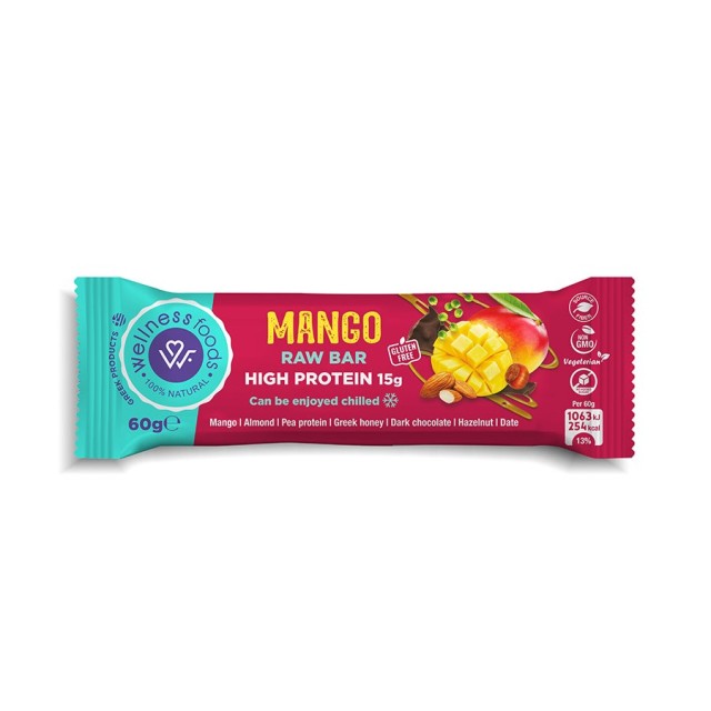 Wellnessfoods Mango Raw Bar High Protein 14gr 60gr (Μπάρα Πρωτεΐνης με Γεύση Μάνγκο)