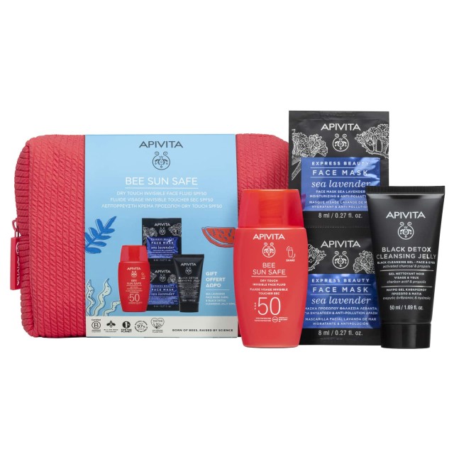 Apivita SET Bee Sun Safe Dry Touch Invisible Face Fluid SPF50 50ml & ΔΩΡΟ Mini Black Detox Cleansing Gel 50ml & Express Beauty Sea Lavender Face Mask (Σετ Φροντίδας Προσώπου για Υψηλή Αντηλιακή Προστασία & Ενυδάτωση)