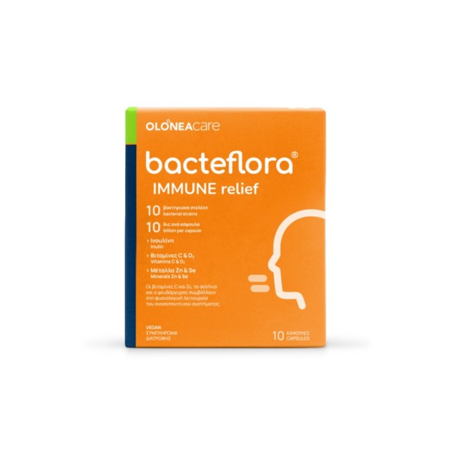 OLONEA Bacteflora Immune Relief 10caps (Συμπλήρωμα Διατροφής με Προβιοτικά, Πρεβιοτικά, Βιταμίνες D₃ & C, Σελήνιο & Ψευδάργυρο)