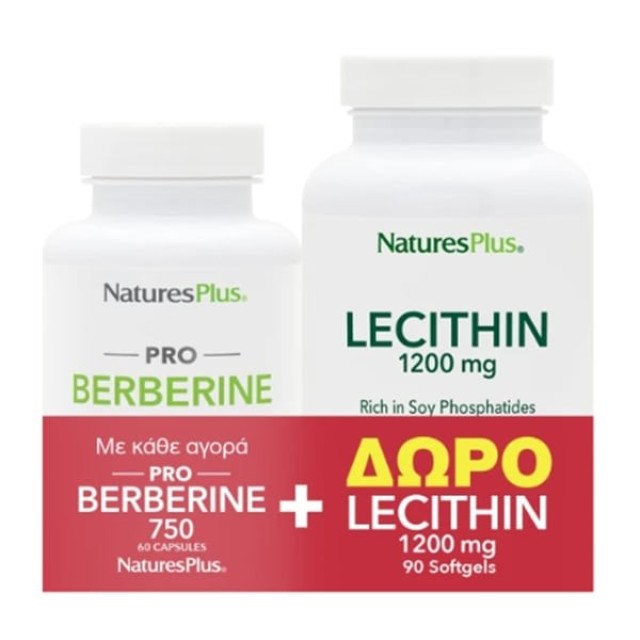 Natures Plus SET Pro Berberine 750mg 60caps & ΔΩΡΟ Lecithin 1200mg 90softgels (Συμπλήρωμα Διατροφής