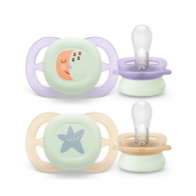 Avent Baby Soother Ultra Start Night Time SCF075/07 2τεμ (Ελαφριά Πιπίλα για Νεογέννητα με Ασπίδα που Φωσφορίζει στο Σκοτάδι 0-2μ)