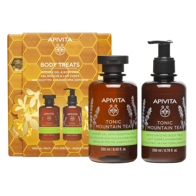 Apivita SET Body Treats Tonic Mountain Tea Shower Gel 250ml & Tonic Mountain Tea Moisturizing Body Milk 200ml (ΣΕΤ με Αφρόλουτρο & Γαλάκτωμα Σώματος για Άνδρες & Γυναίκες)