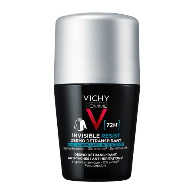 Vichy Homme Invisible Resist Anti-Stains - Anti Irritations 72h Roll-on 50ml (Ανδρικό Αποσμητικό Κατά των Σημαδιών & της Έντονης Εφίδρωσης)