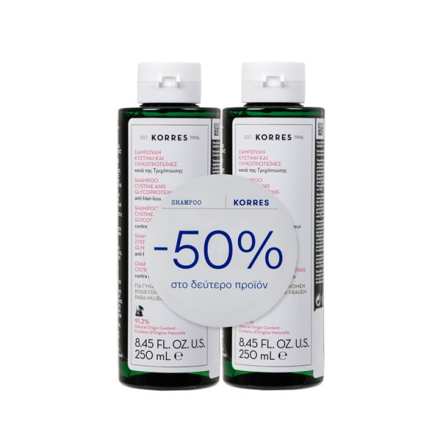 Korres Cystine & Glycoproteins Anti Hair Loss Shampoo For Women 2x250ml (Σετ Σαμπουάν Κατά της Τριχόπτωσης για Γυναίκες)