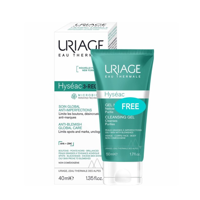 Uriage SET Hyseac 3 Regul Anti-Blemish Global Care 40ml & GIFT Cleansing Gel 50ml