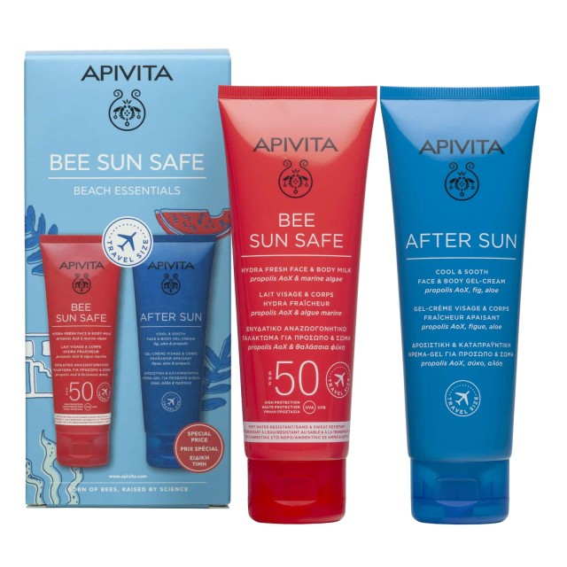 Apivita Beach Essentials Travel Size Bee Sun Safe Hydra Fresh & Body Milk SPF50 100ml & After Sun Cool & Sooth Face & Body Gel Cream 100ml