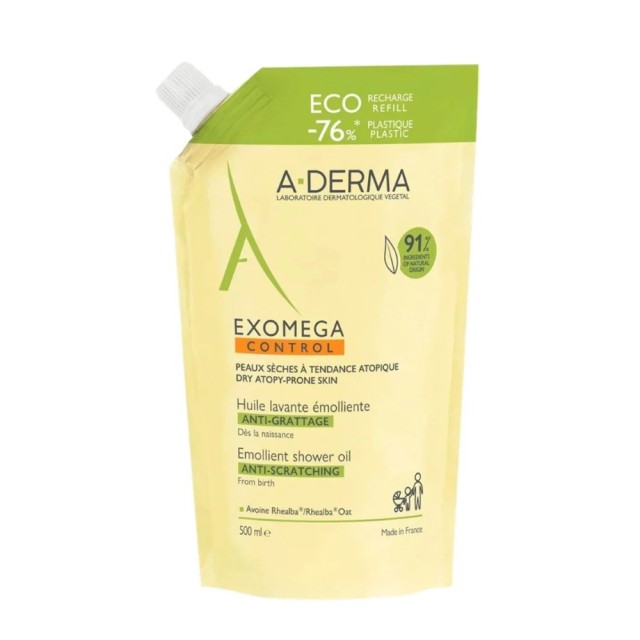 A Derma Exomega Control Emollient Shower Oil Eco Refill 500ml (Μαλακτικό Λάδι Καθαρισμού για Πολύ Ξη
