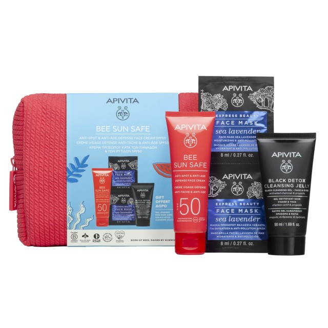 Apivita SET Bee Sun Safe Anti Spot & Anti Age Defense Face Cream SPF50 50ml & GIFT Mini Black Detox Cleansing Gel 50ml & Express Beauty Sea Lavender Face Mask