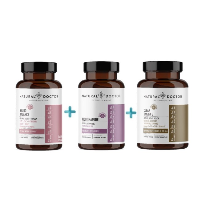 Natural Doctor Stress Release SET Neuro Balance 60caps & Nicotinamide 500mg 90caps & Clear Omega 3 90caps