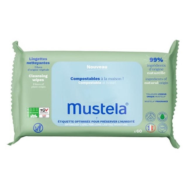 Mustela Cleansing Wipes Compostable 60τεμ (Μωρομάντηλα Καθαρισμού Κατάλληλο για Οικιακή Κομποστοποίηση)