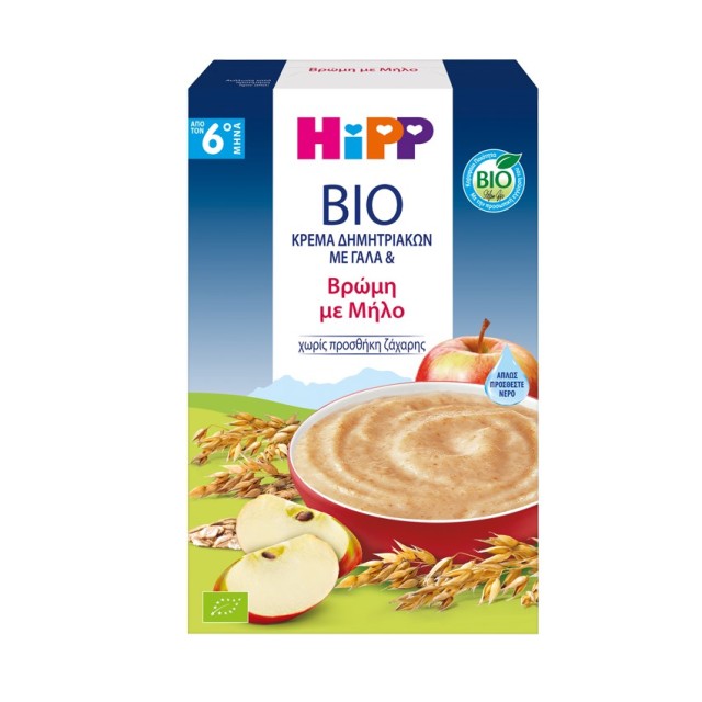 Hipp Bio Κρέμα Δημητριακών με Γάλα & Βρώμη με Μήλο 250gr 6μ+