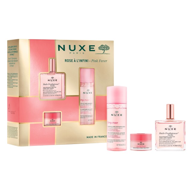 Nuxe SET Xmas Pink Fever (ΣΕΤ με Πολυχρηστικό Ξηρό Λάδι για Πρόσωπο, Σώμα & Μαλλιά με Λουλουδένιο Άρωμα, 3-σε-1 Mικυλλιακό Nερό & Βάλσαμο Χειλιών με Τριαντάφυλλο)